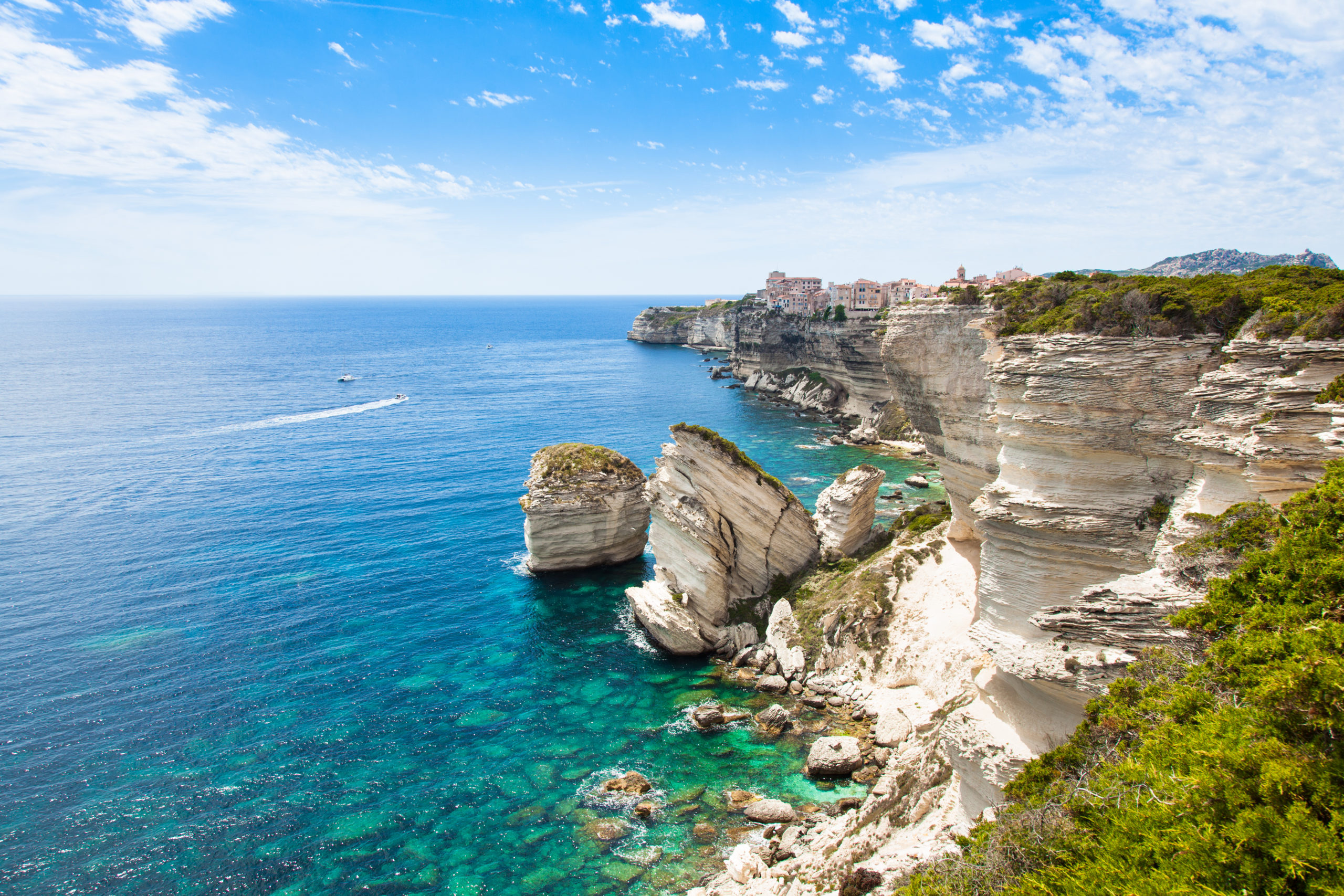 View of Bonifacio old town built on top of cliff rocks, Corsica island, France