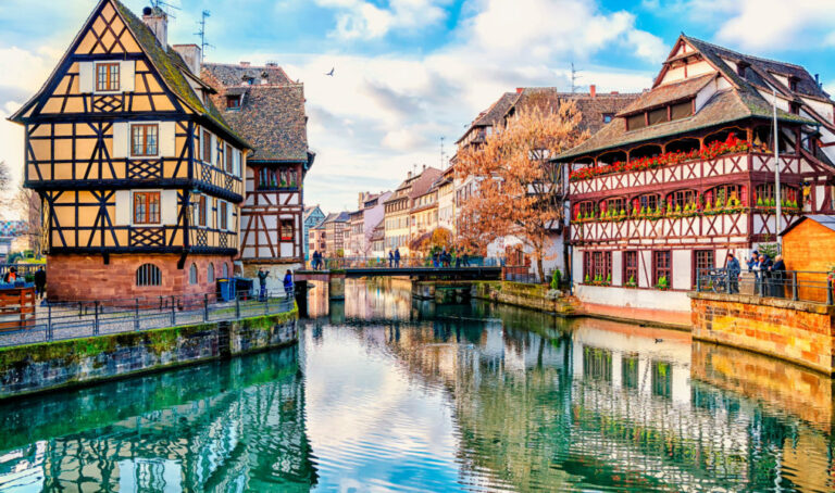 Traditional half-timbered houses on the canals district La Petite France in Strasbourg, UNESCO World Heritage Site, Alsace, France