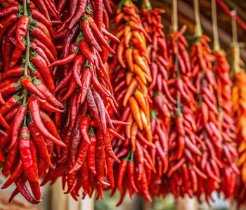 PDO Espelette chilli peppers drying on strings