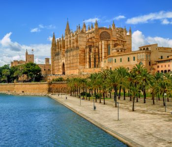 Panoramic view of La Seu, the gothic medieval cathedral of Palma de Mallorca, Spain