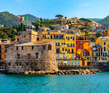 italian castle by the sea Castello di Rapallo in the italian riviera Portofino area - Genova - Liguria - Italy .