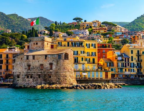 italian castle by the sea Castello di Rapallo in the italian riviera Portofino area - Genova - Liguria - Italy .