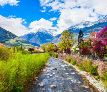 Merano city centre aerial panoramic view. Merano or Meran is a town in South Tyrol in northern Italy.