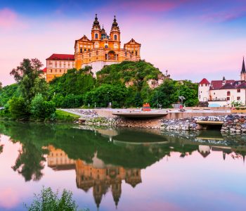 Melk, Austria. Benedictine abbey in Wachau valley at sunset.