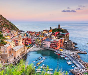 Vernazza village at sunset. Cinque Terre National Park, Liguria Italy.