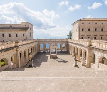 cloister and balcony of Montecassino abbey, Italy, rebuilding after second world war