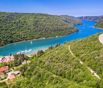 an aerial view of Limski Kanal, fjord, Istria, Croatia