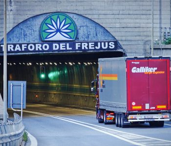 The Frejus motorway tunnel under the Alps on the border between France and Italy.  Bardonecchia, Italy - August 2020