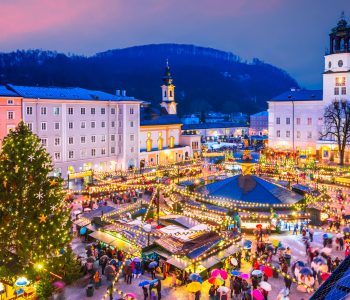 Salzburg, Austria. Christmas market at Cathedral Square, origins of Christkindlmarkt X-mas fair go back to the late 15th century.