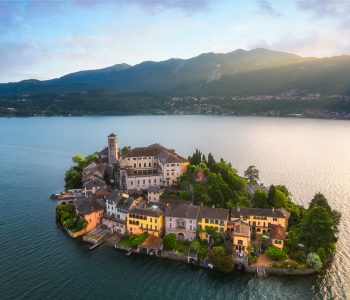 Aerial view of San Giulio island, Orta Lake, Italy. High quality photo