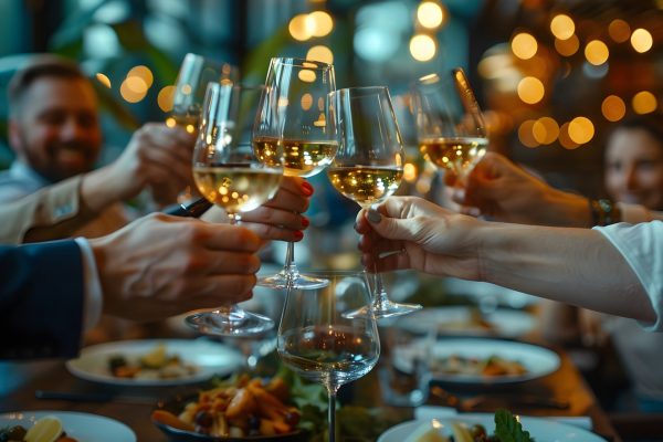 Business team enjoying a celebratory dinner at a high end restaurant toasting to their recent achievements and success  The group of professionals executives